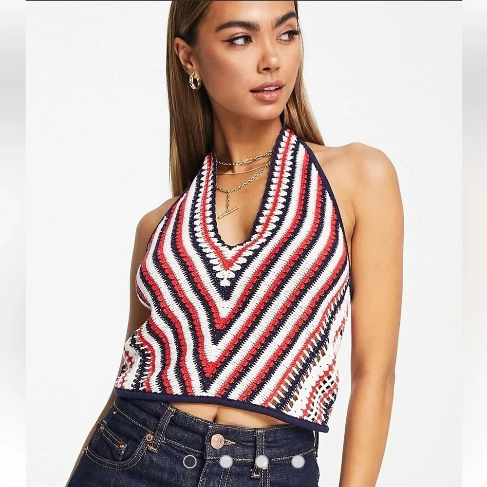 & Other Stories Cotton Crochet Halter Neck‎ Top Stripes Women’s M Boho Americana
